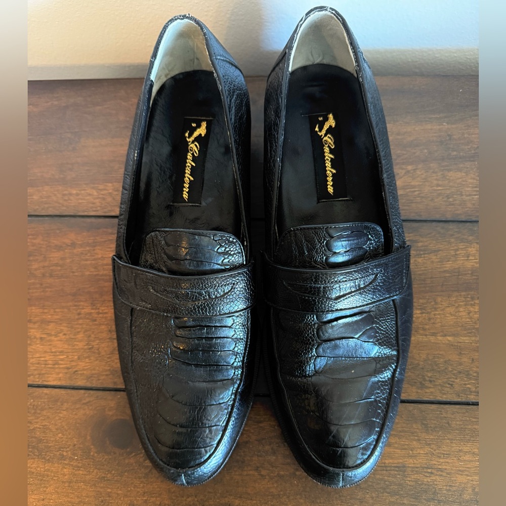 Calcaterra Ostrich Leg Leather Loafers Men’s 9 Black Exotic Dress Shoes